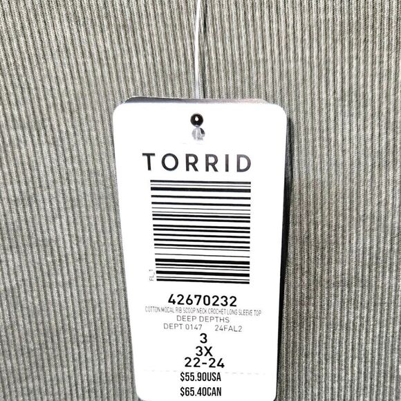 TORRID Plus Size Cotton Modal Green Ribbed Scoop Neck Crochet Long Sleeve Top 3X - Picture 8 of 14